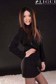 【丽柜LiGui】モデルユナ「ブラックシルクOLプロフェッショナルウェア」美しい脚と翡翠の足写真写真